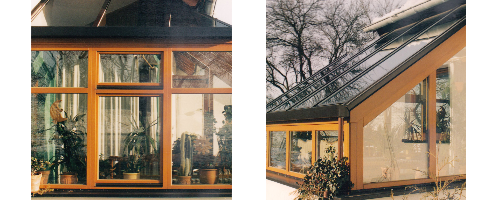 Zwei Bilder von demselben Haus mit Wintergarten umrundet mit Fenstern, Ansicht von außen
