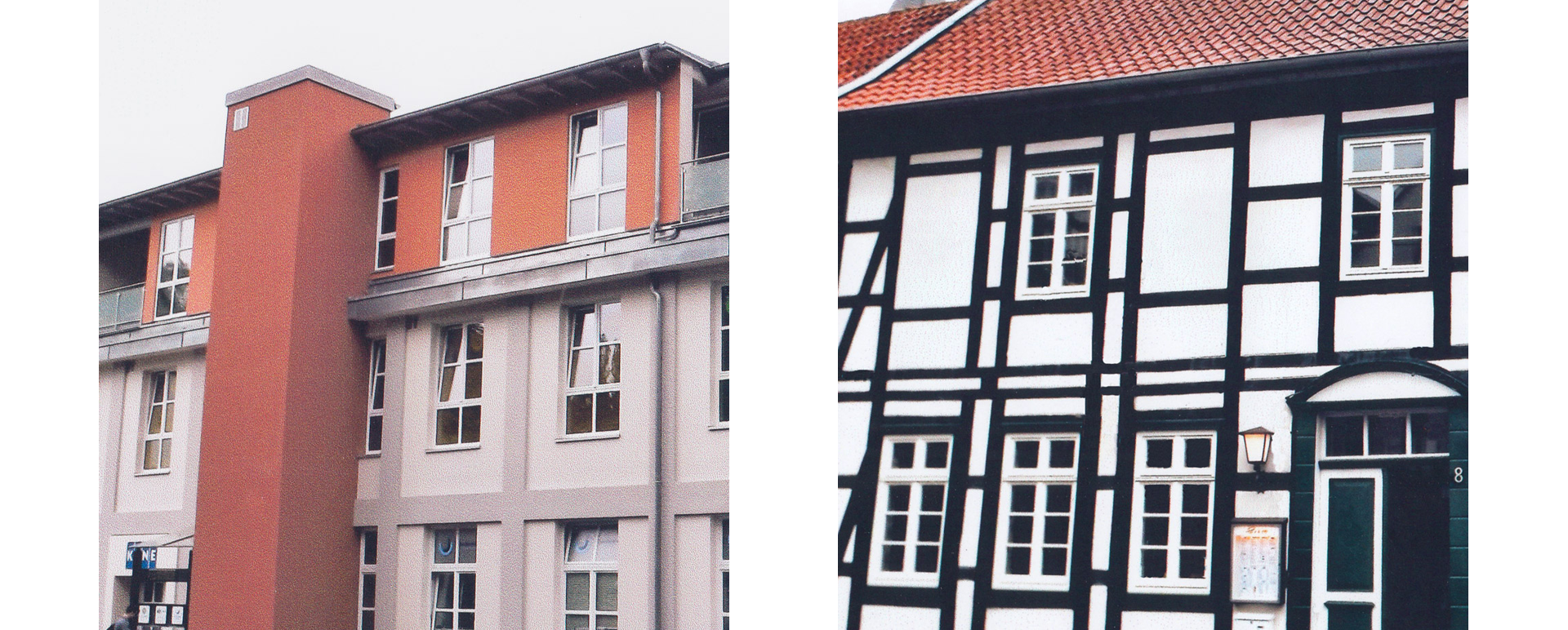 Zwei Bilder mit Außenwand Häuser, links: drei-Stock Reihenhaus, rechts: Fachwerkhaus