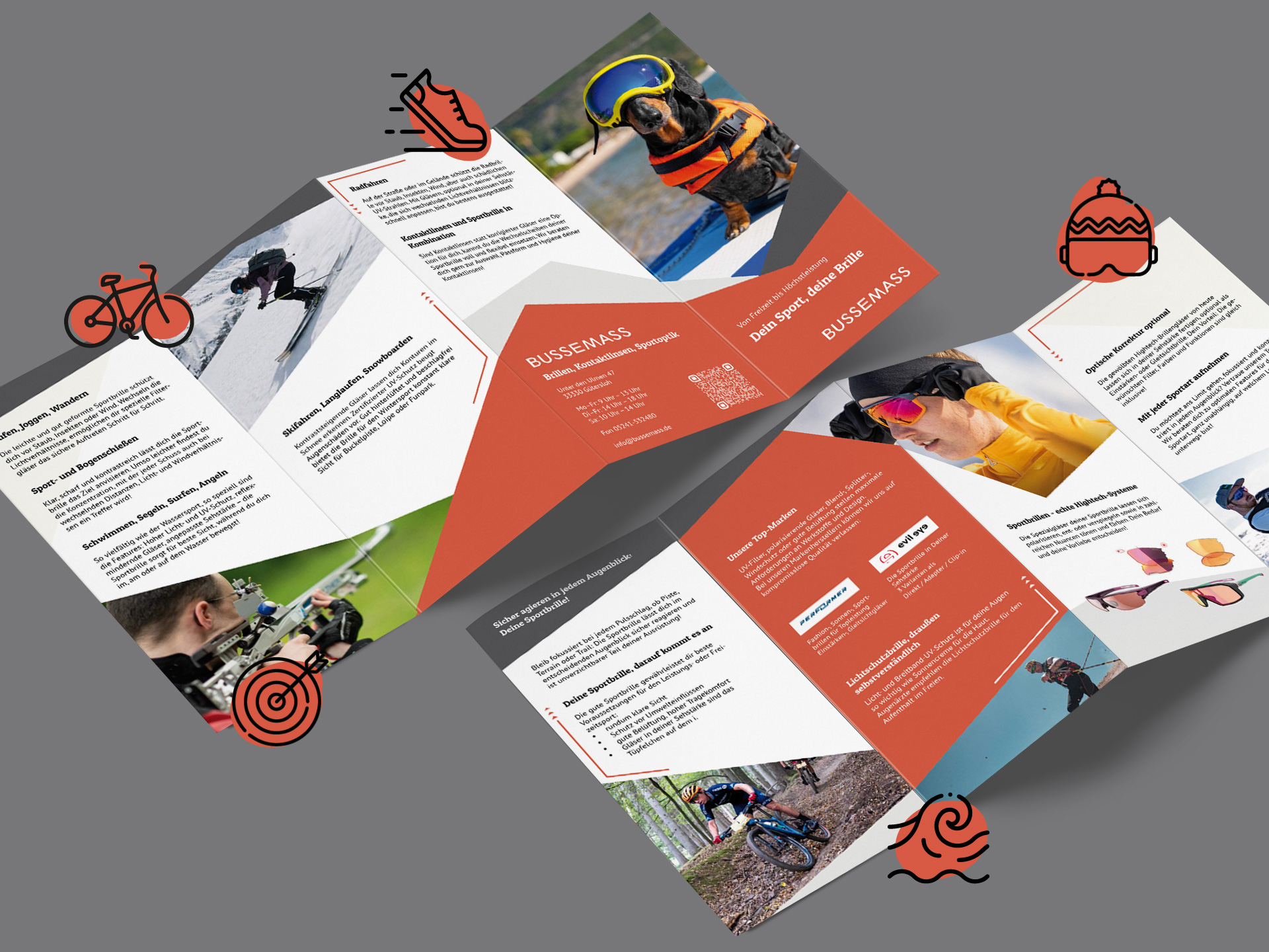 Brillen Bussemass Flyer Sportbrillen Brillen Bussemass Flyer Leporello Sportbrillen, Printagentur Printdesign Agentur furore Paderborn, Bielefeld, OWL