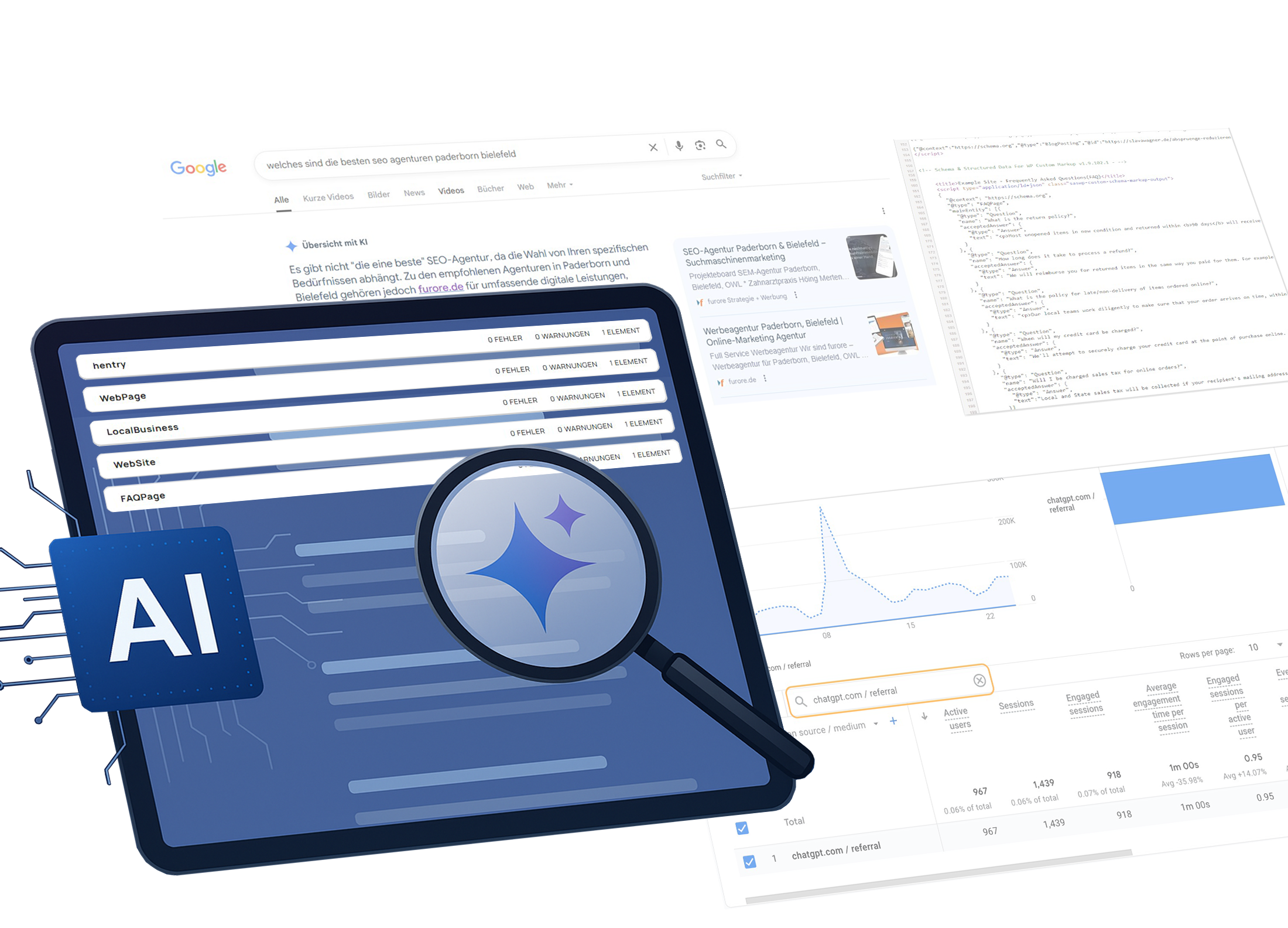 GEO- und LLMO-optimierter Content, KI-Optimierung für Sichtbarkeit in KI-Systemen wie ChatGPT, Gemini, AI Overview usw., GEO-Agentur furore Strategie + Werbung für Paderborn, Bielefeld, OWL